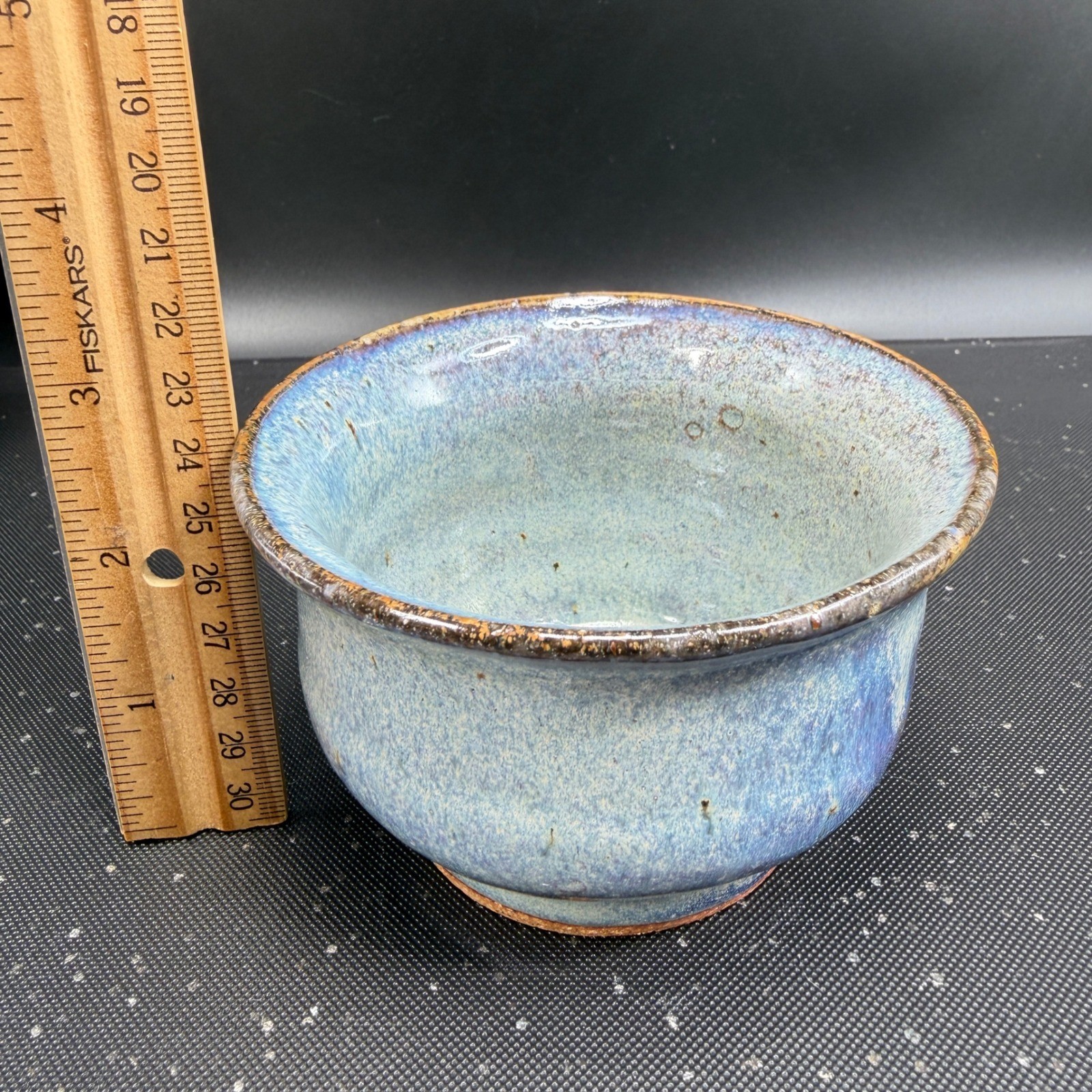 Signed Studio Art Pottery Blue Purple Drip Glaze Stoneware Bowl Handcrafted 4in