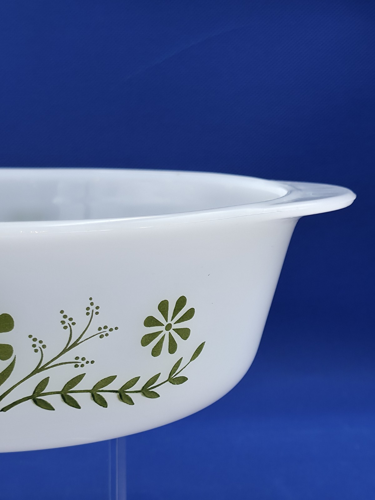 Glasbake Vintage MCM Milk Glass Oven Safe Casserole Dish Green Crazy Daisy