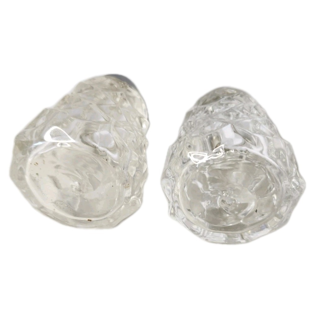 VTG Set of Fostoria American Clear Glass Salt and Pepper Shakers Metal Lid Cap