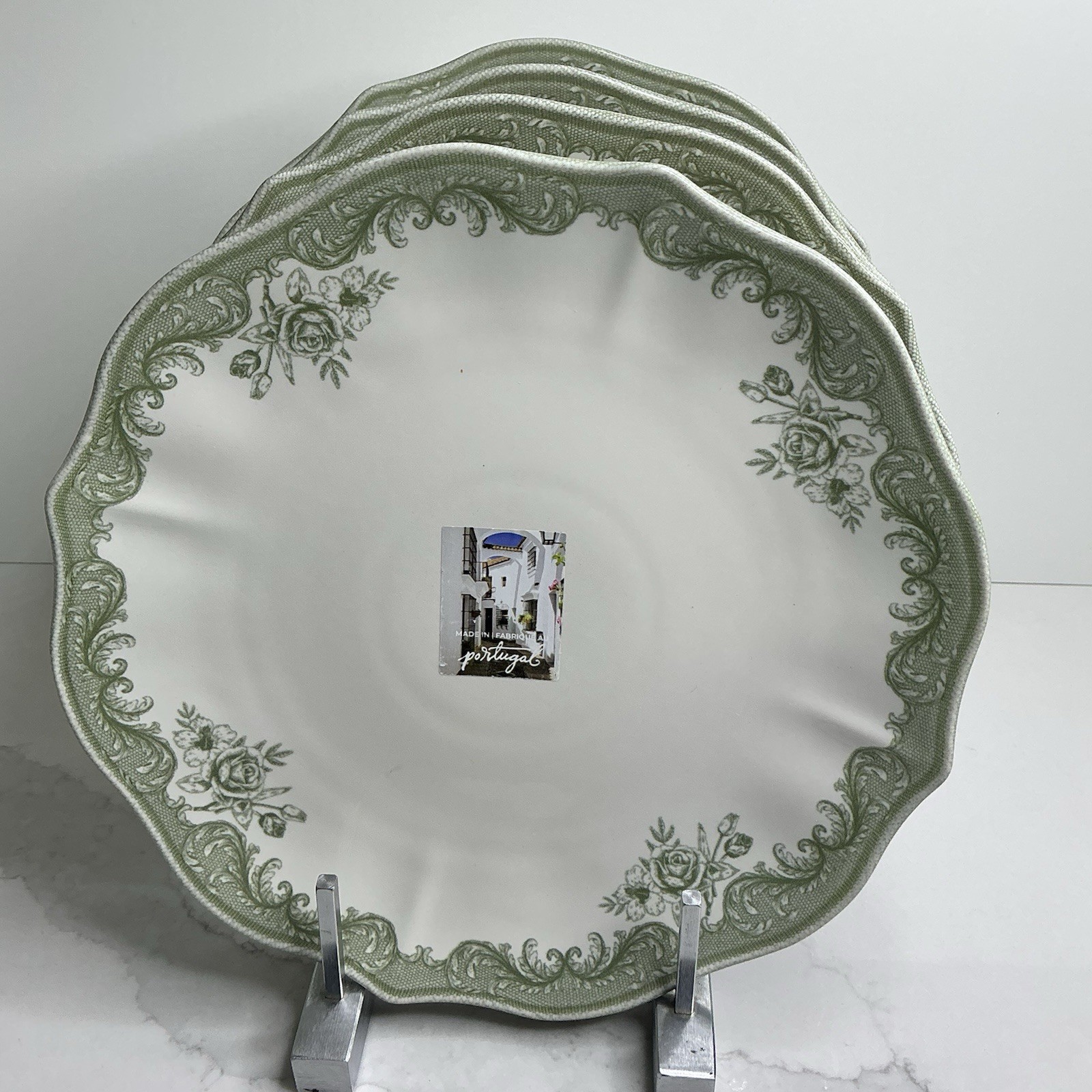 4 Matceramica Stoneware Dinner Plates Green Rose Scalloped 11” Portugal New