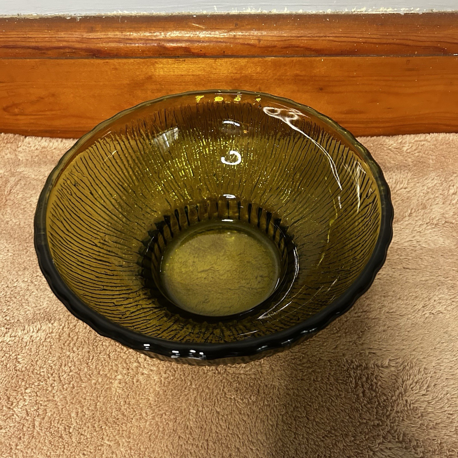 Vintage 1975 FTD Green Glass Footed Bowl Green Glass Ridges 6.75″ Diameter