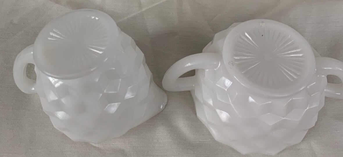 Vintage Hazel Atlas Cubed Pattern Milk Glass Open Sugar Bowl and Creamer