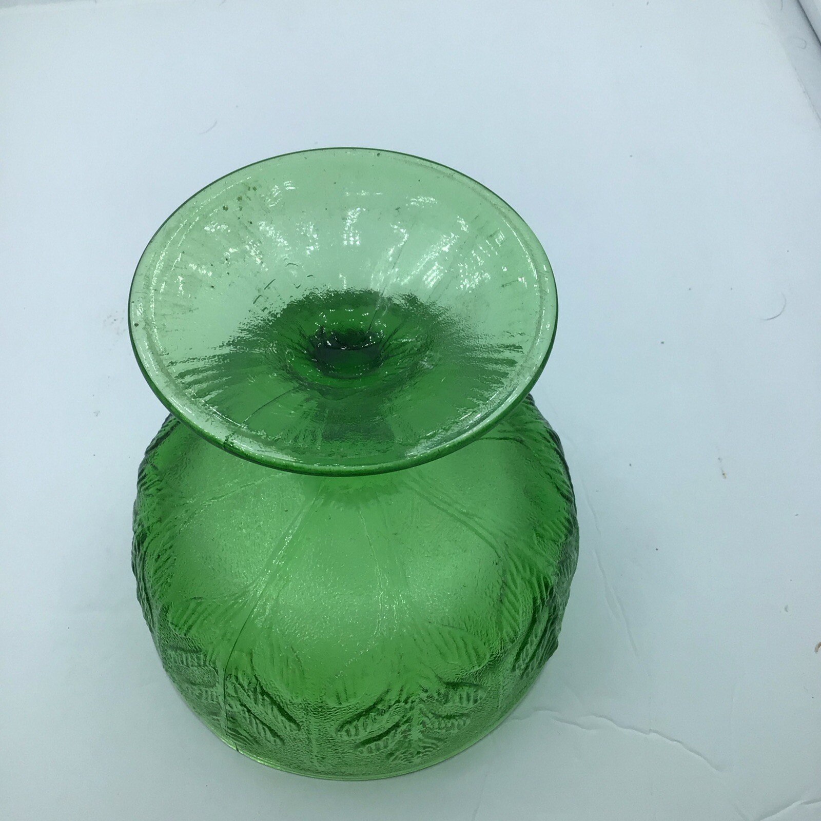 FTD Green Glass Vintage Pedestal Bowl Impressed Oak Leaf Design