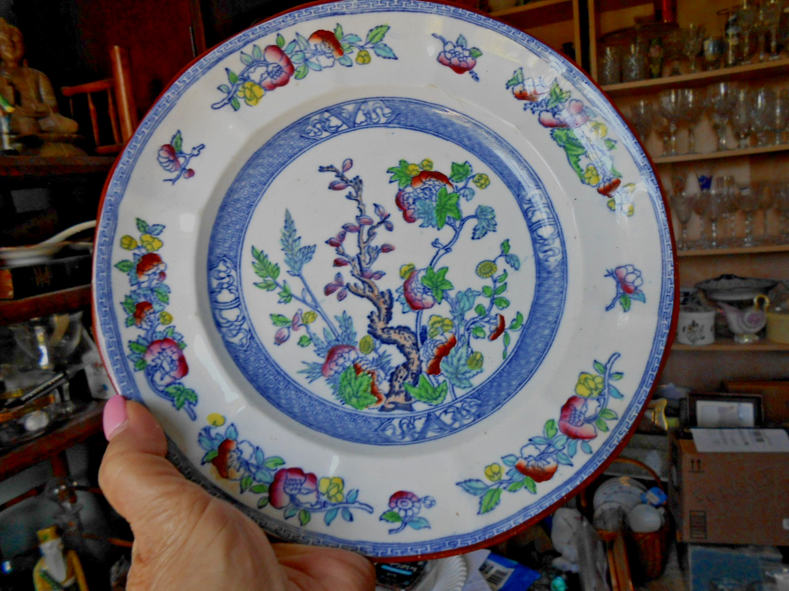 ADAMS Tunstall England Indian Tree Plate Flow Blue Transferware Polychrome