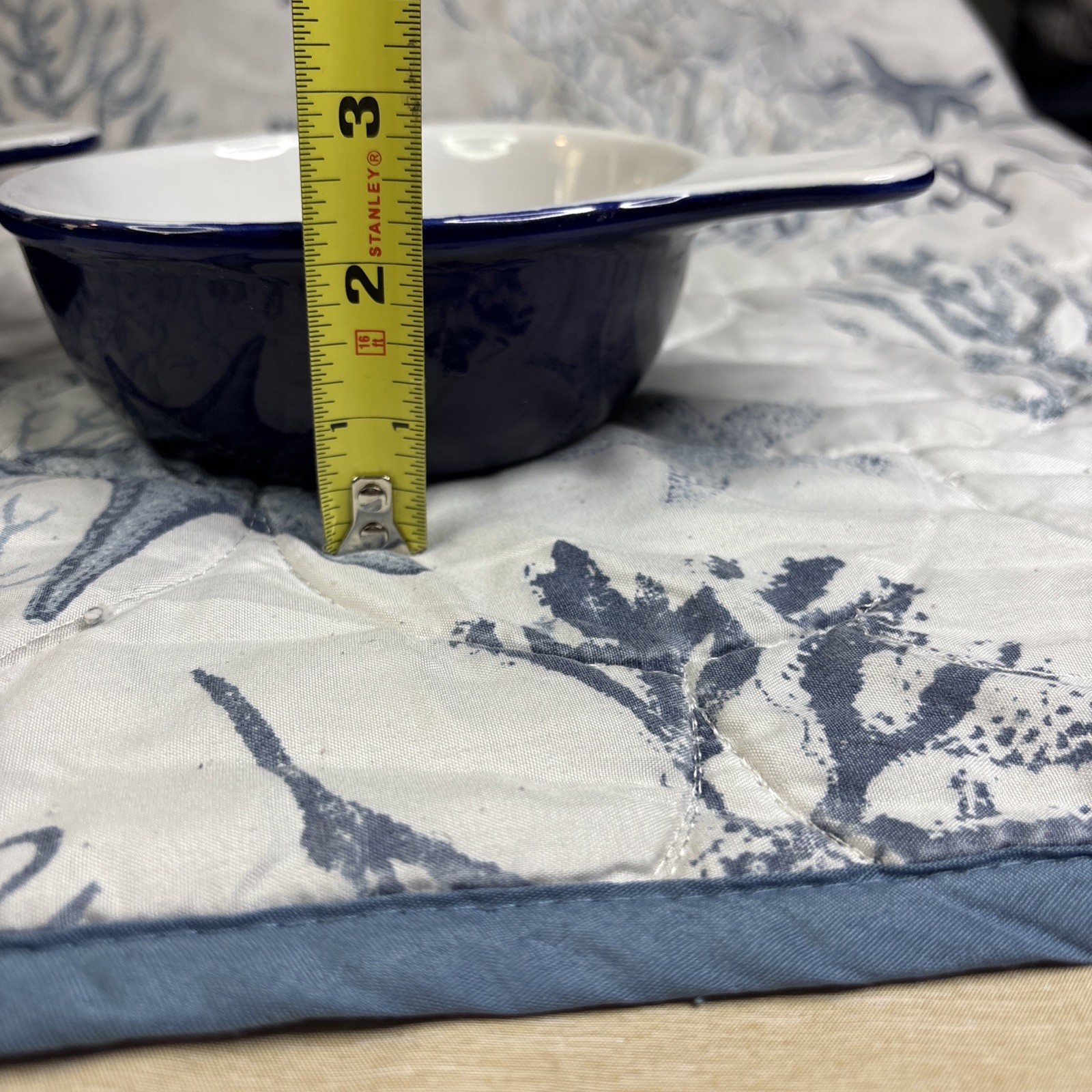2 Navy Blue & White Interior Nesting Grab Stoneware Matching Bowls-Very Durable