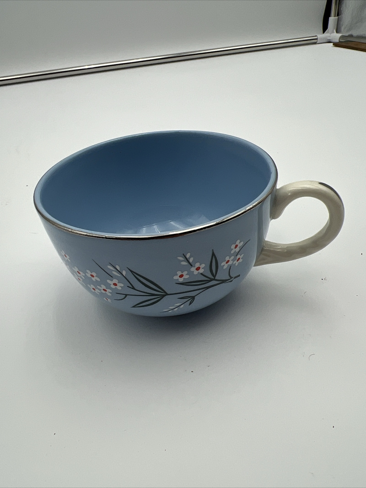 Vtg Homer Laughlin Kraft Blue White Floral Platinum Trim ~ Tea Cup ~ USA