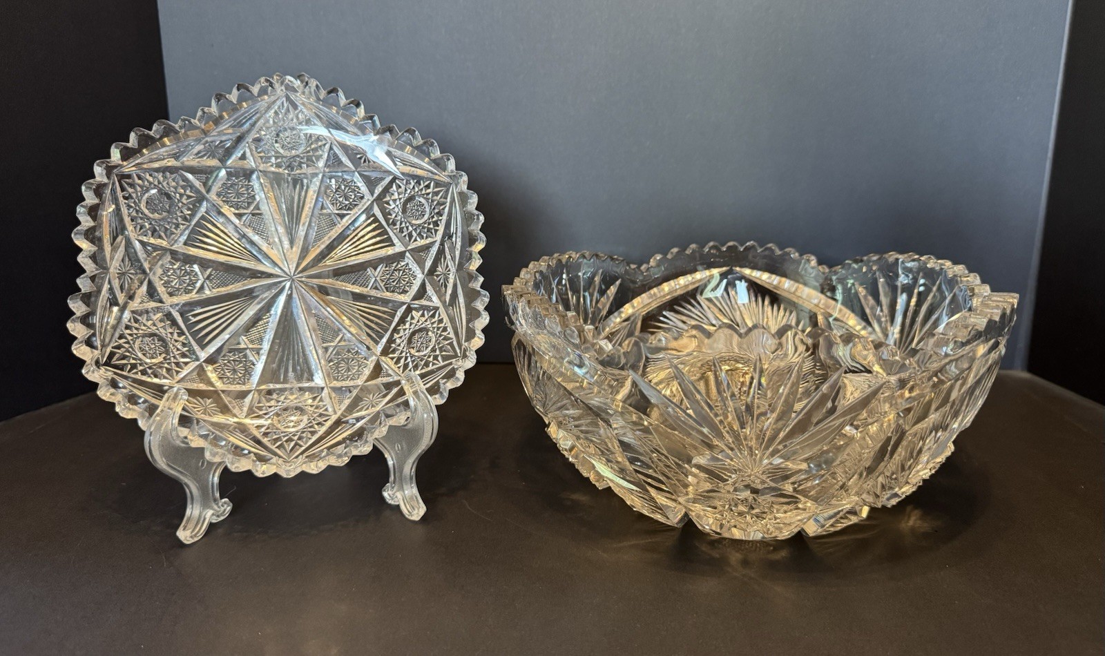 Antique American Brilliant Period Crystal Glass Cut Plate And Bowl