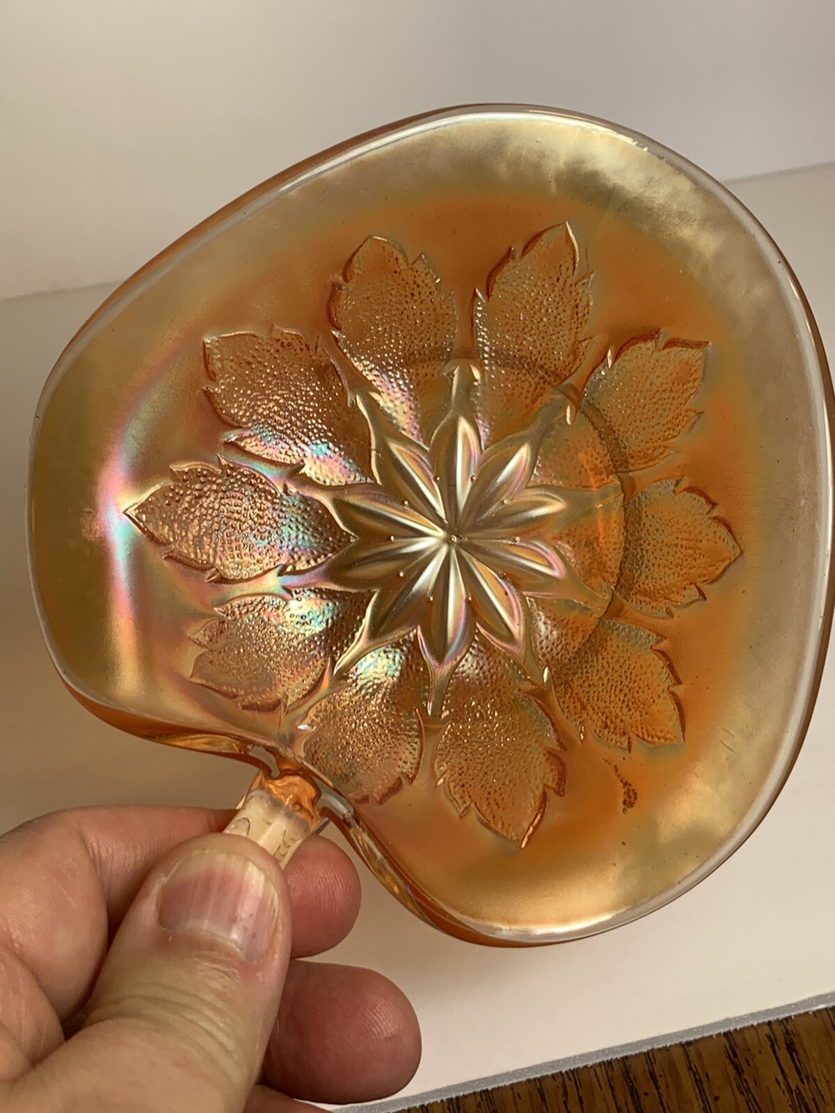 Vintage Dugan Carnival Glass Marigold Leaf Rays Triangular Iridescent Nappy Bowl