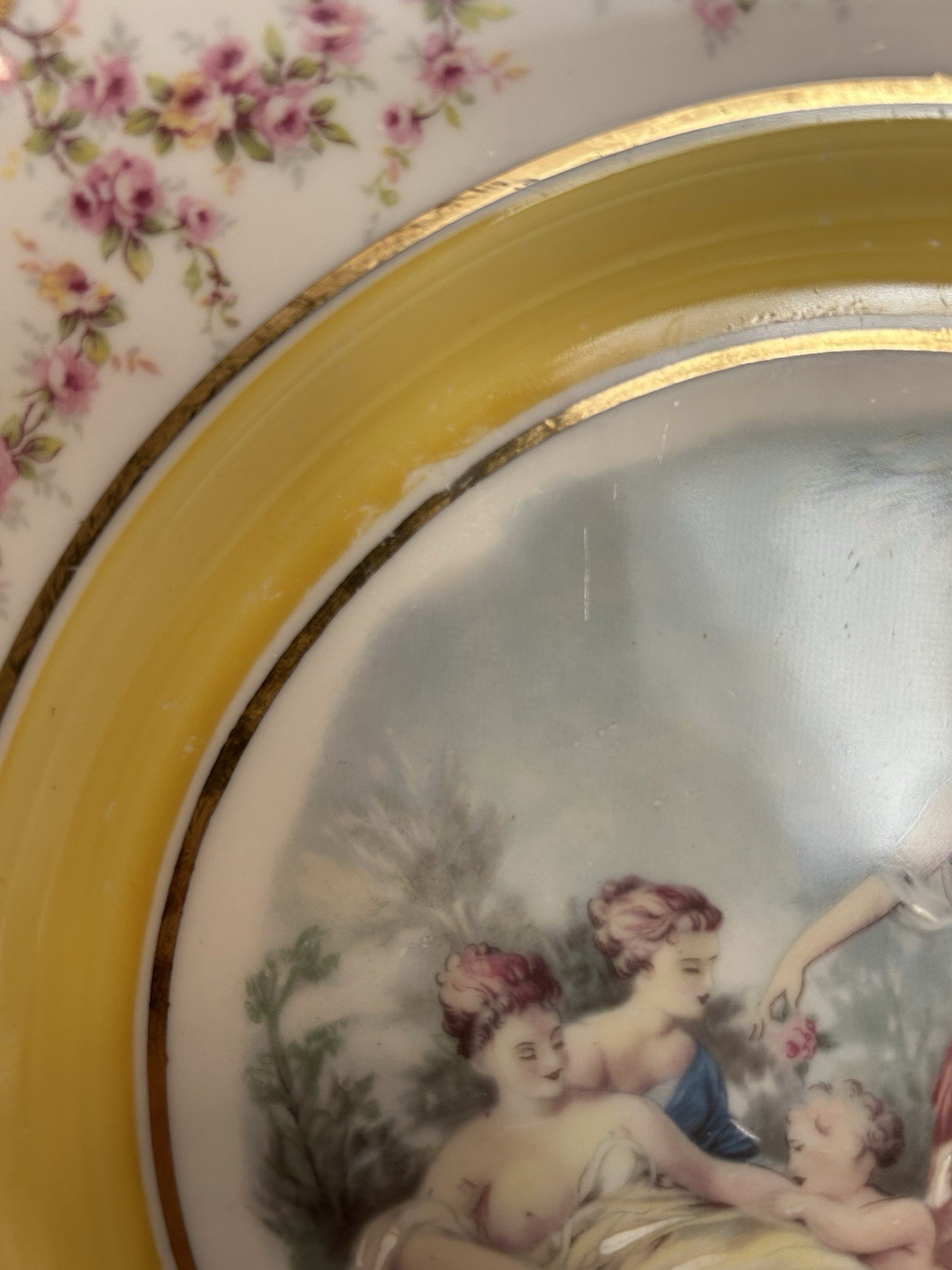 Porcelain Decorative Plate Floral Border Yellow Rim Cherubs & Women Scene