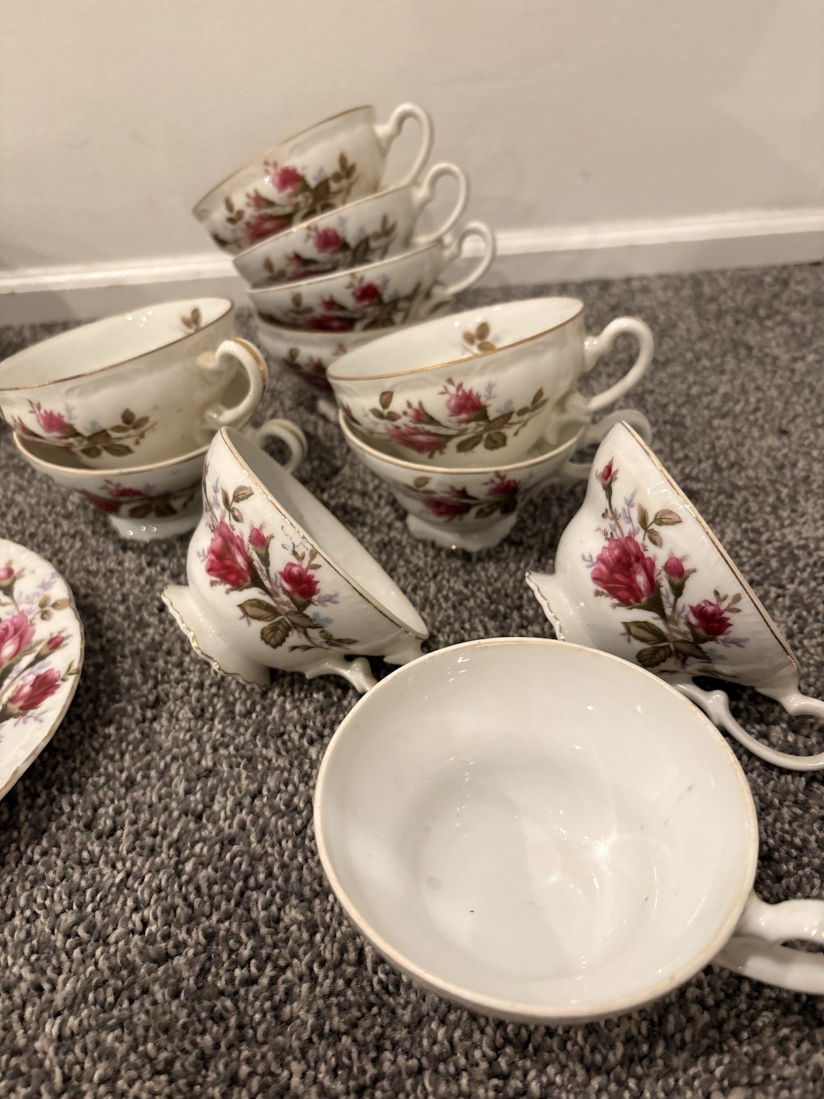Unmarked Porcelain Floral Dinner Set White/Pink/Green w/ Gold Trim Teapot