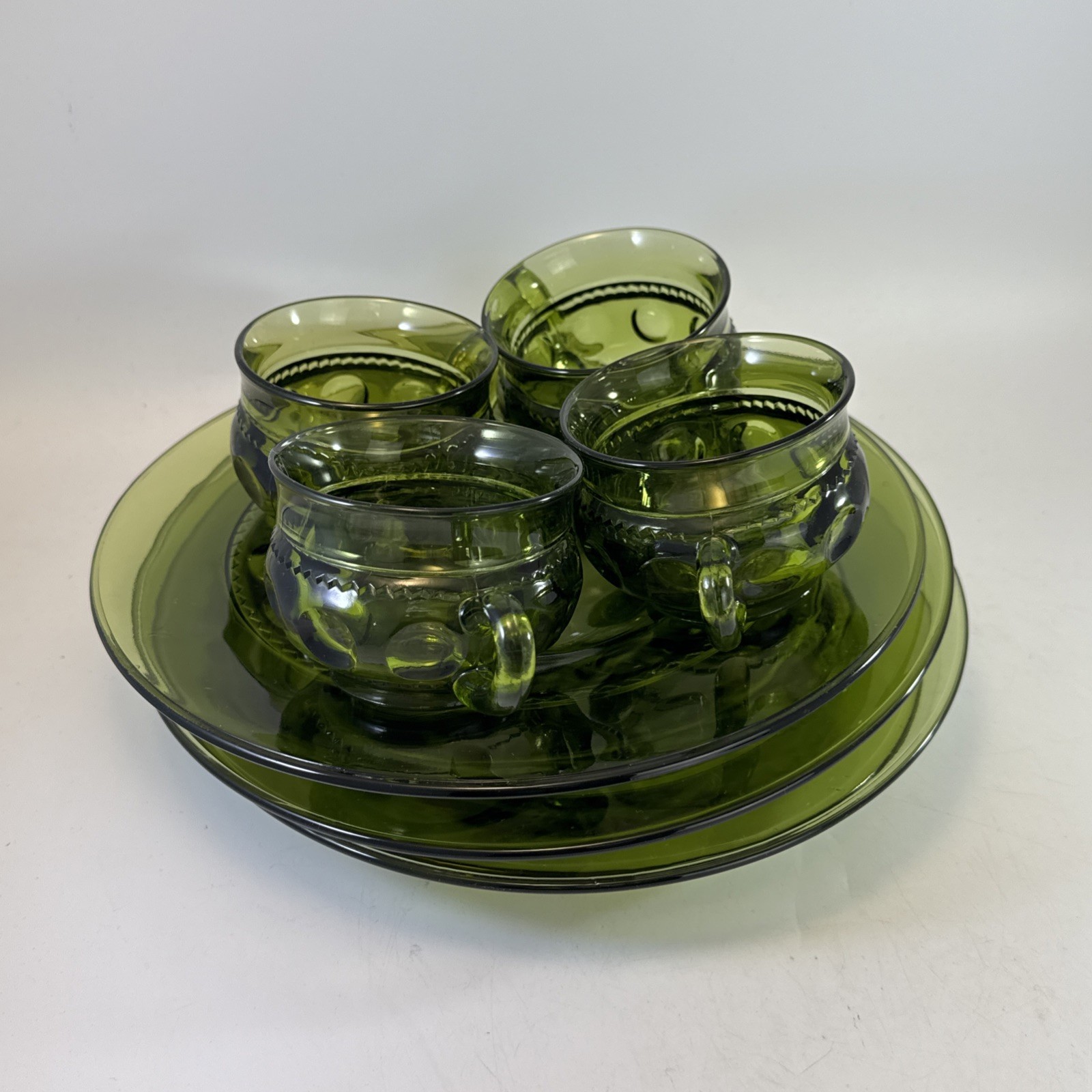 Vintage Indiana Glass Olive Green Thumbprint Cup & Saucer Set of 4 Kings Crown