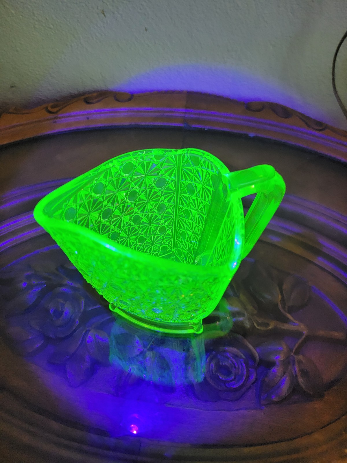 Gillinder & Sons Antique Vaseline Yellow Uranium Glass Triangle Cream Pitcher