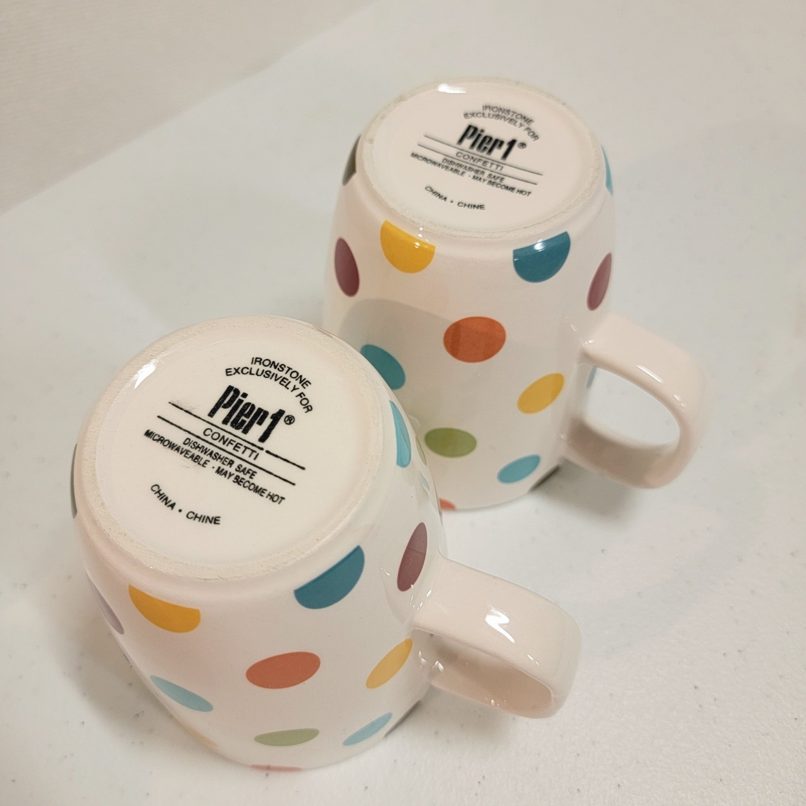 Lot Of 4 PIER 1 CONFETTI Coffee Mugs 4.5″ Tall Ironstone Cups 4 1/2″ Polka Dots