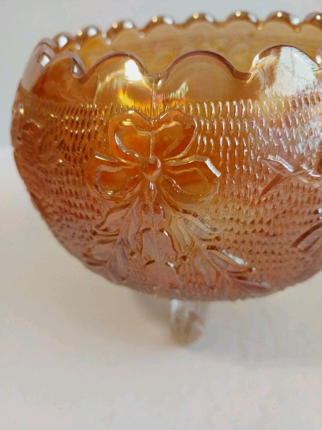 Fenton Marigold Carnival Glass Rose Bowl Garland & Bows 3 Toed