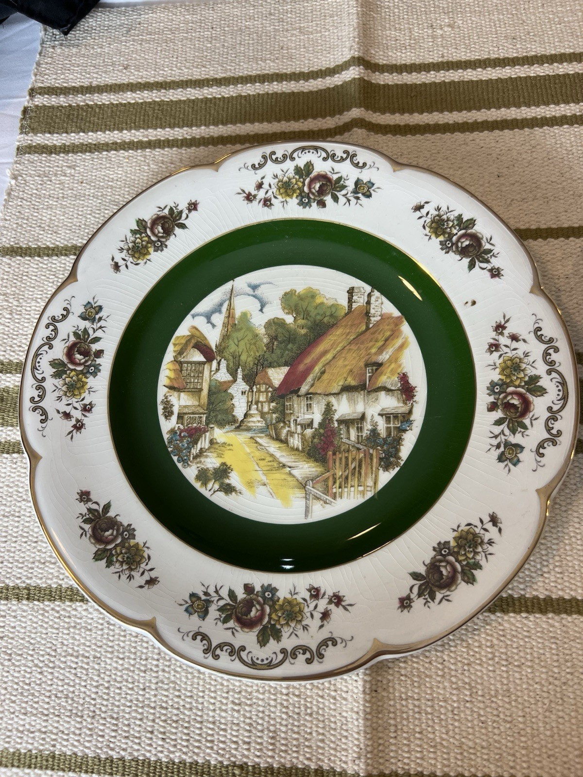 Vintage Woods and Sons Ascot Ironstone Plate: English Village Scene, Gold Trim