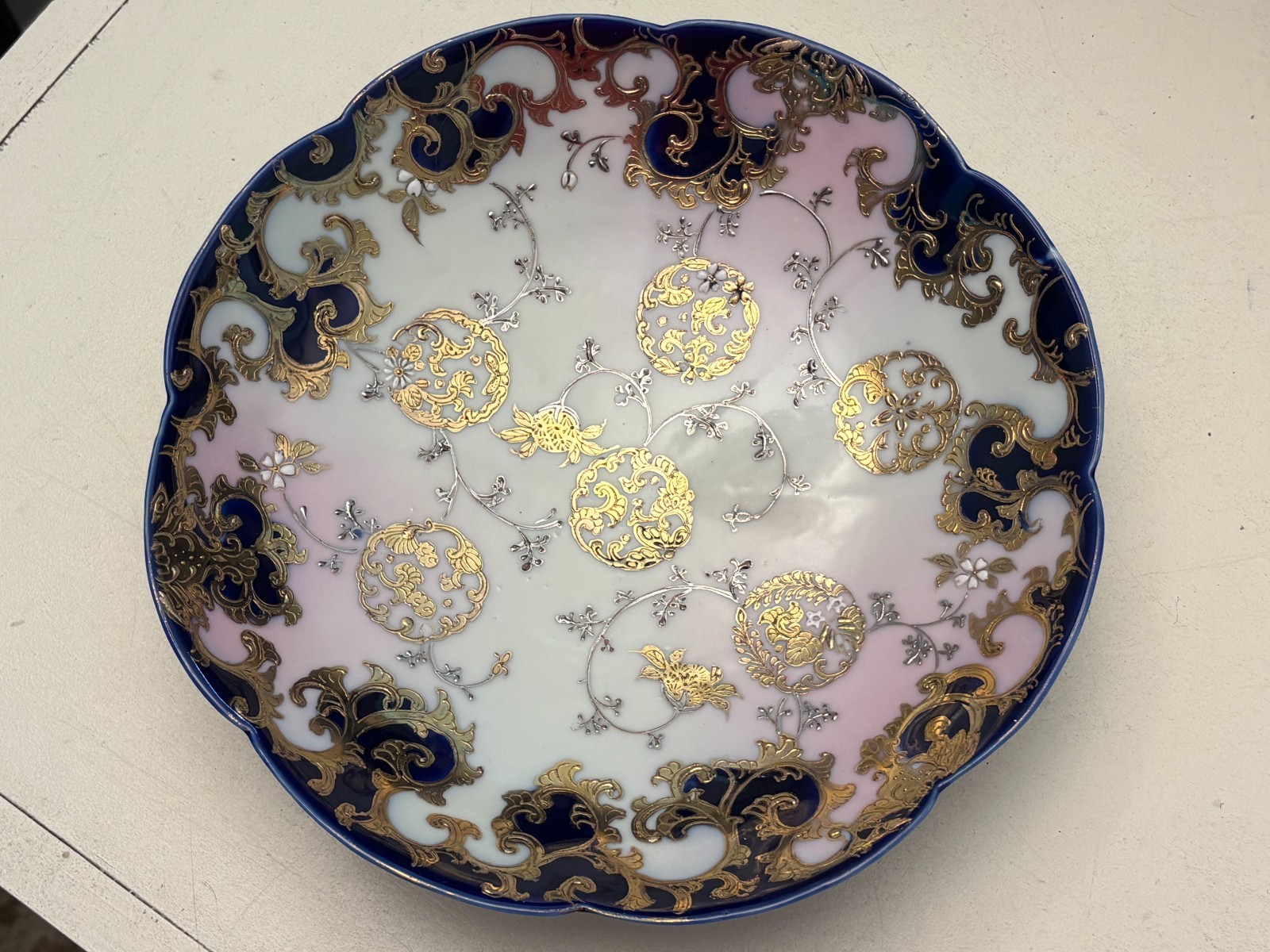 Antique White, Blue and Gold Bowl