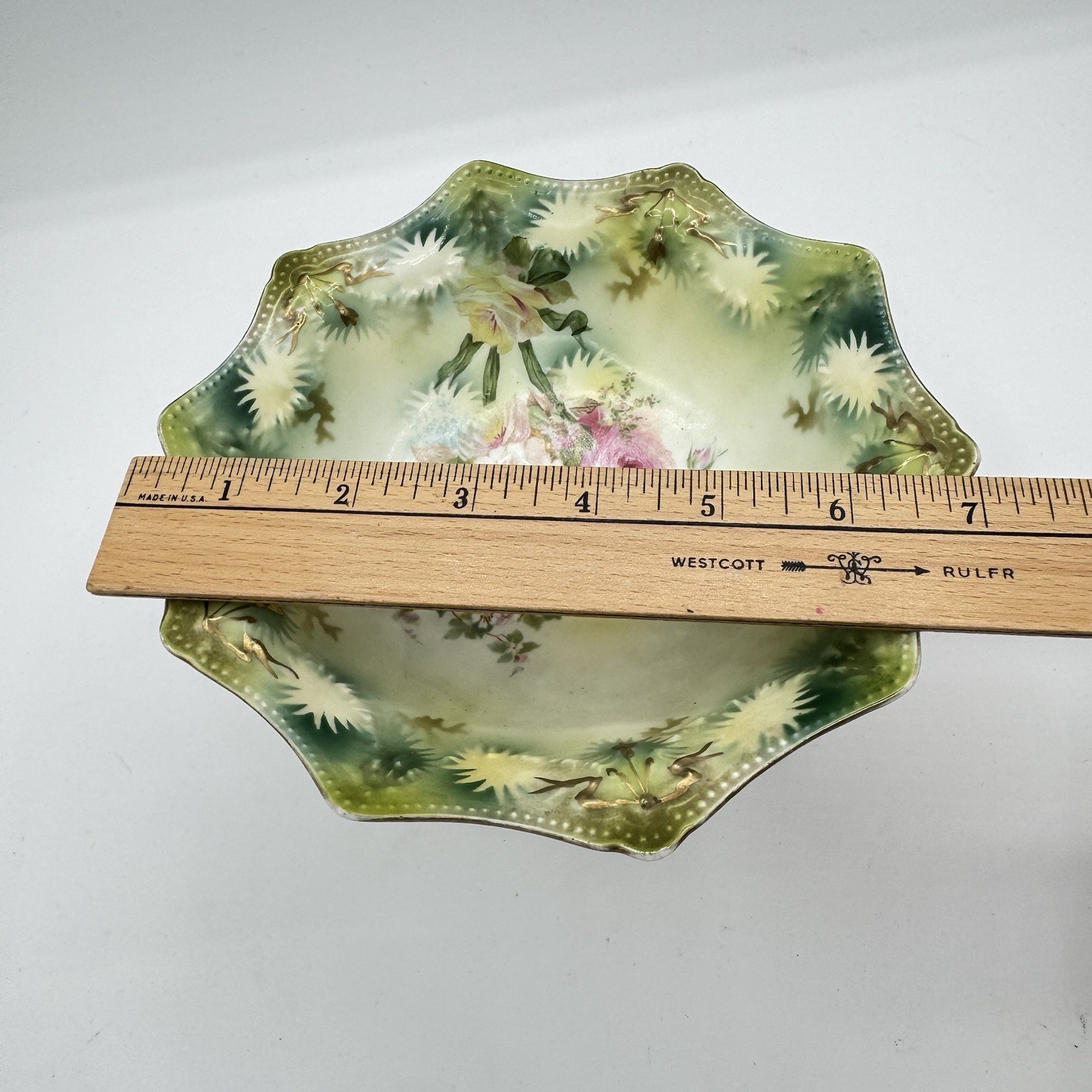RS Prussia Pedestal Bowl Roses Green Pink Basket Gold Antique Porcelain- READ