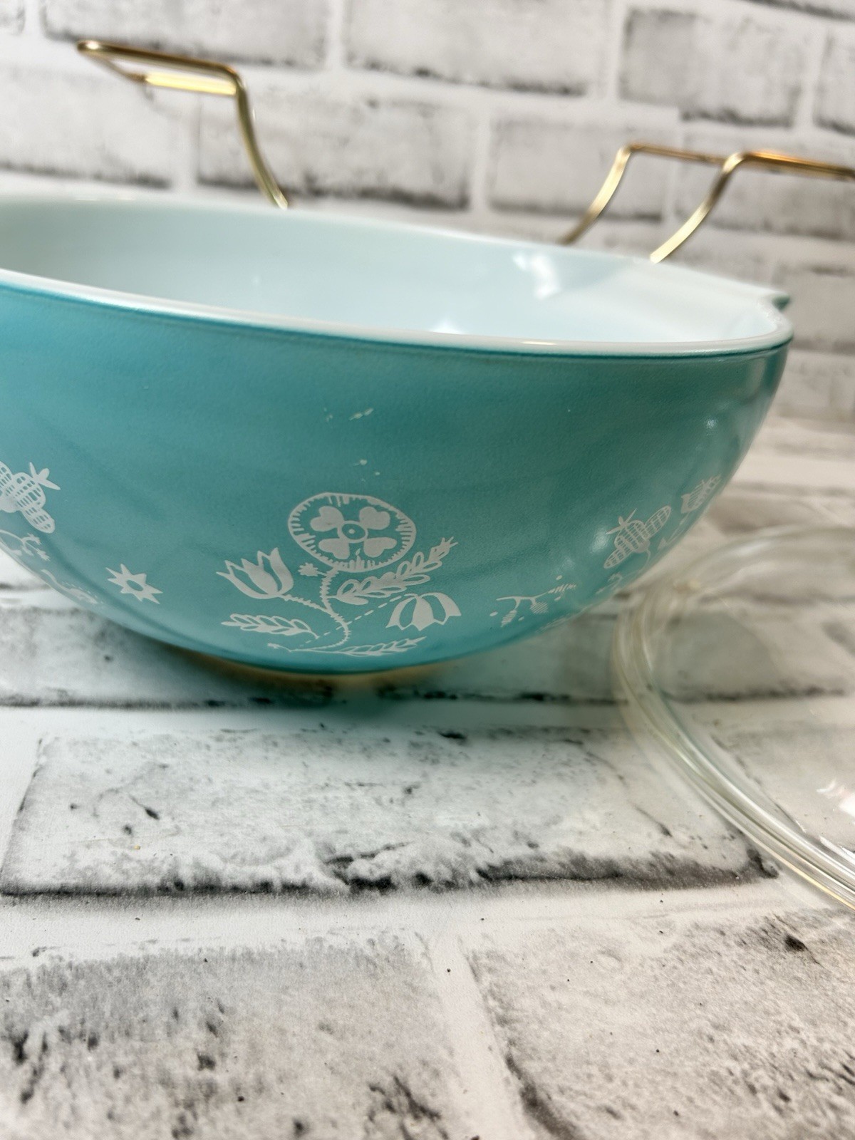 Pyrex Needlepoint Embroidery 443 Cinderella Bowl & Warmer Turquoise 1958 Promo