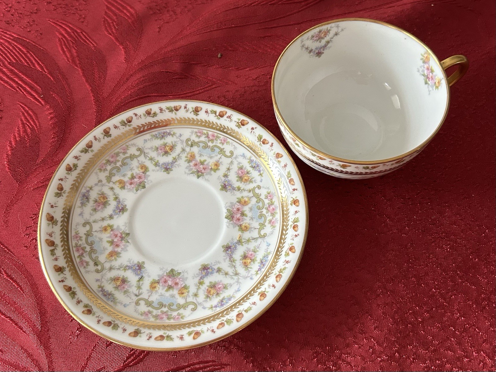 Antique 1900 Jean Pouyat JPL Limoges POY63 Flowers Acorns Porcelain Cup & Saucer