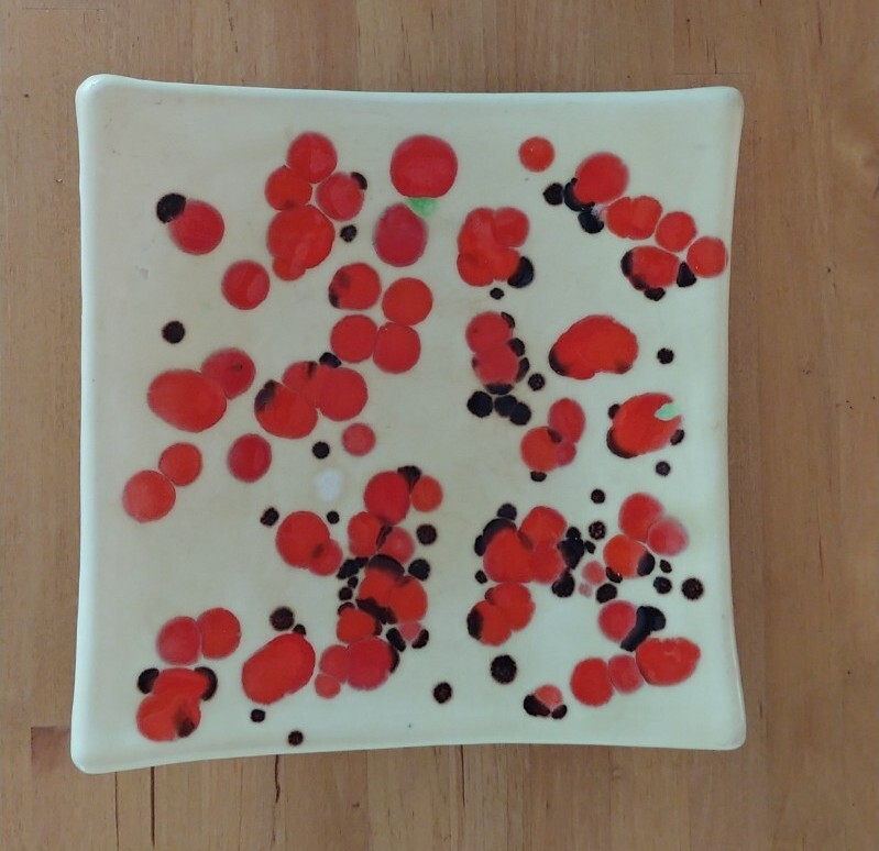 MCM Handmade Studio Art Pottery Curved Square Dish Orange Spotted Glaze 6.25 in²