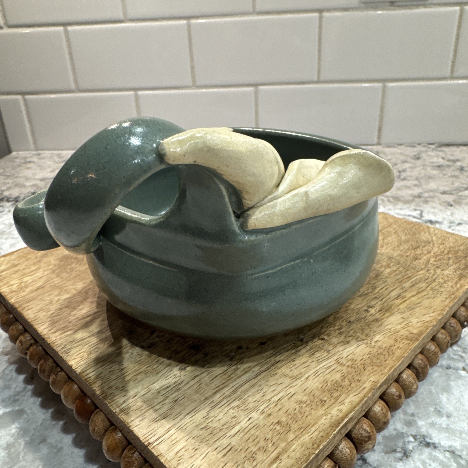 Elaine Lamb Mud Mothers Studio Pottery Bowl Applied Lilies Handle Gray Blue Tan
