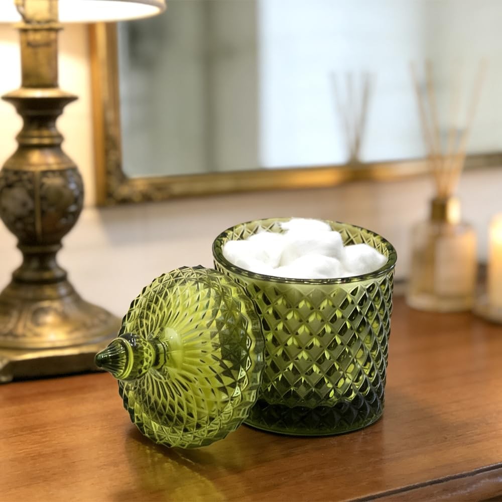10 oz Olive Green Glass Candy Dish with Lid-Decorative Display Jar for Q-Tip …