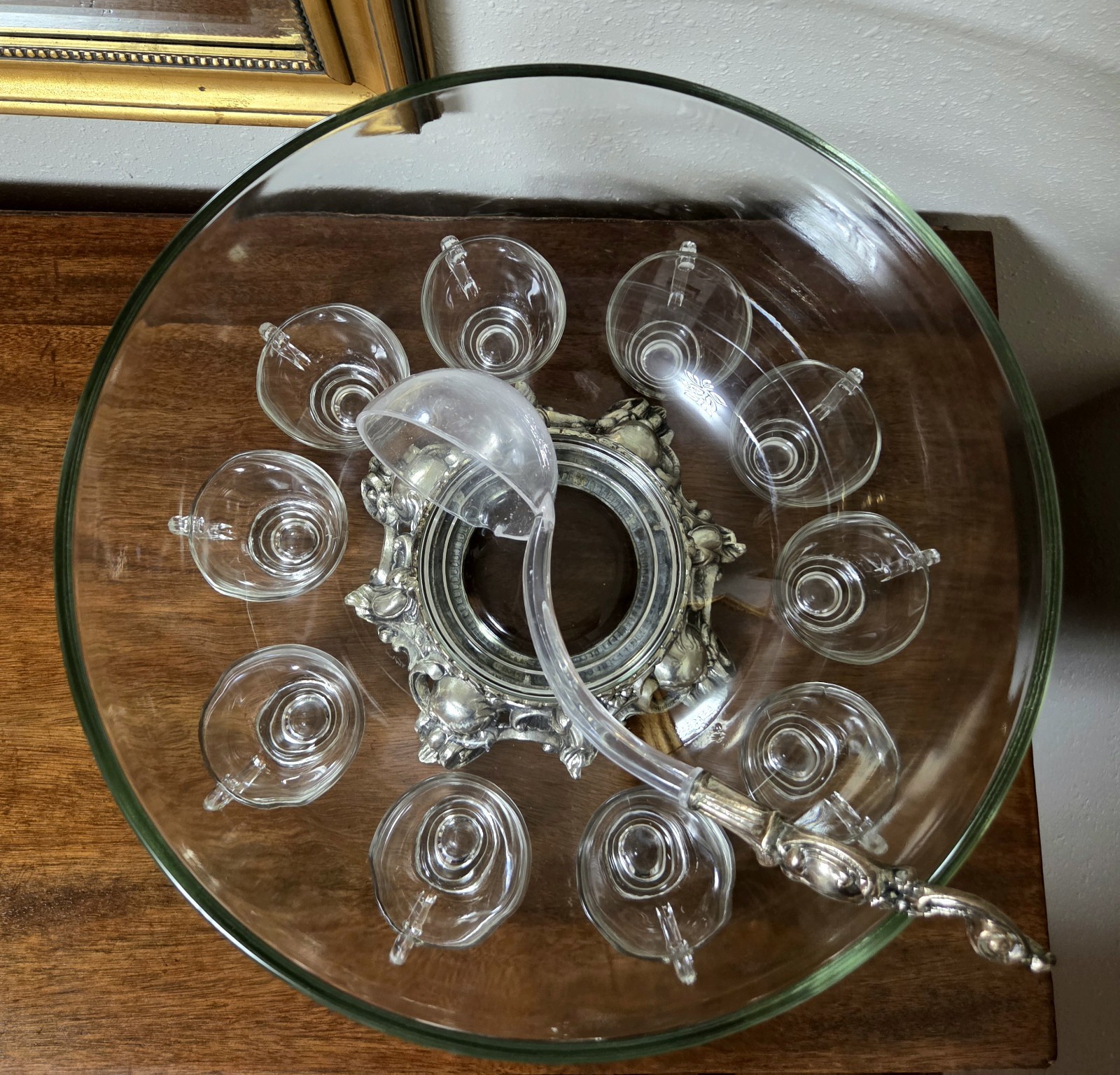 MCM Pitman-Dreitzer Crystal Punch Bowl Set 10 Cups Ornate Metal Stand Ladle Rare