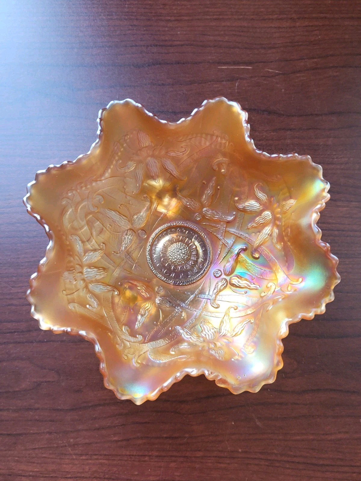 Pretty Marigold Northwood Carnival Glass Wishbone Bowl Ruffles n Rings EX.