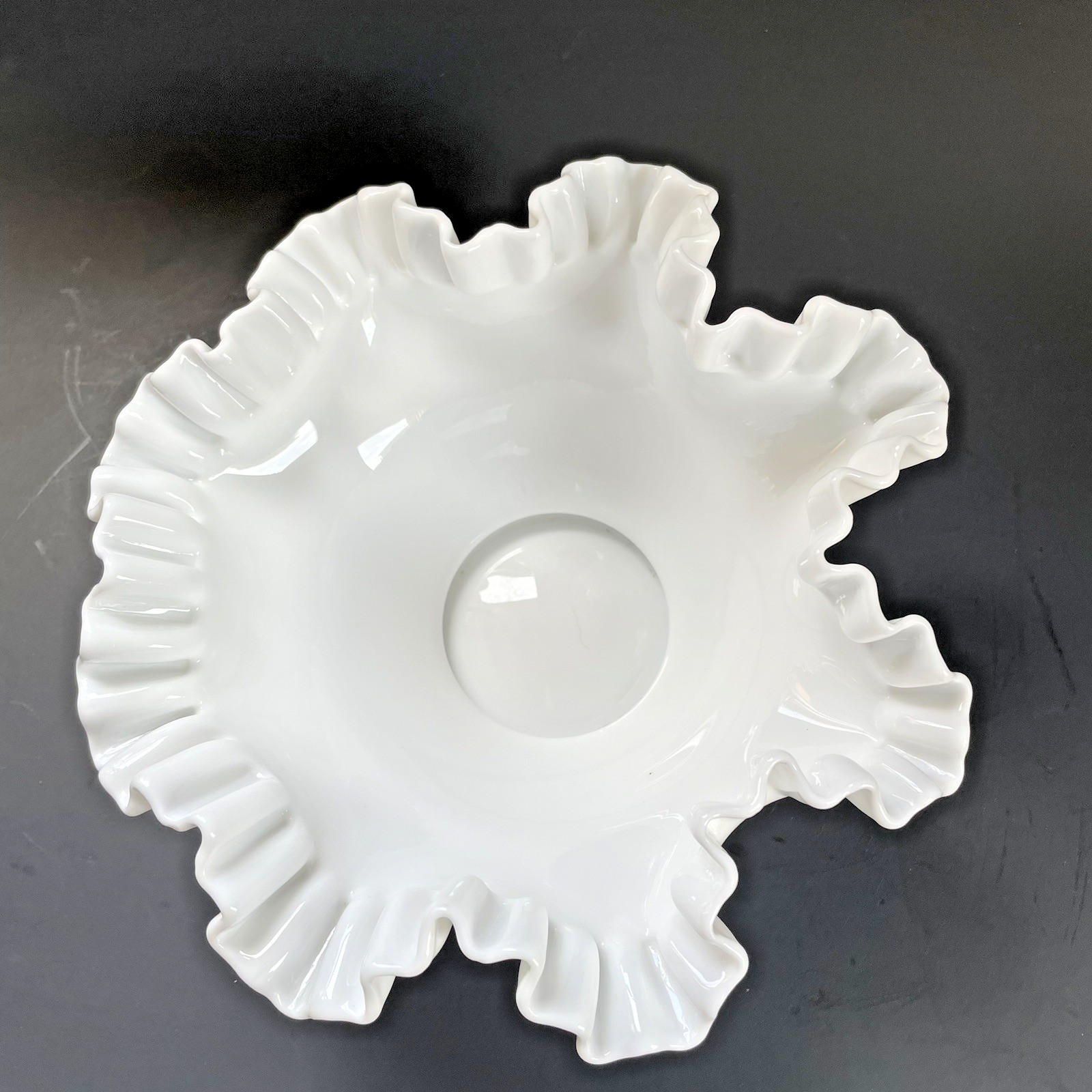 Vintage White Milk Glass Bowl Ruffled & Crimped Edge 9 1/2” x 4 1/2” tall