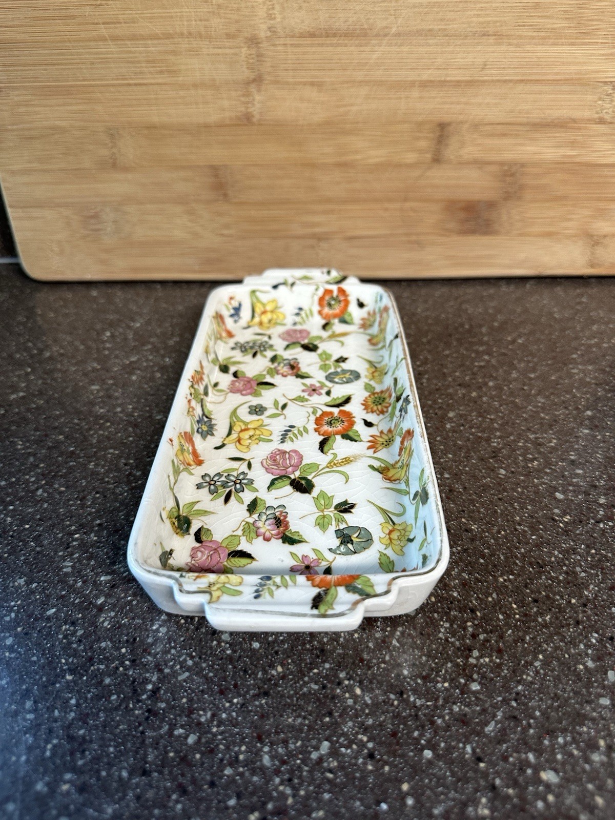 Vintage Japan Chintzware Rectangular Tray Floral Porcelain Trinket Vanity Dish