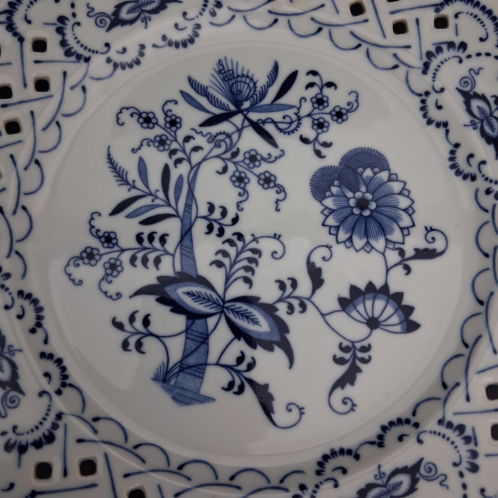 2PC Vintage Blue Danube Round Compote Meissen Pierced Pedestal Porcelain