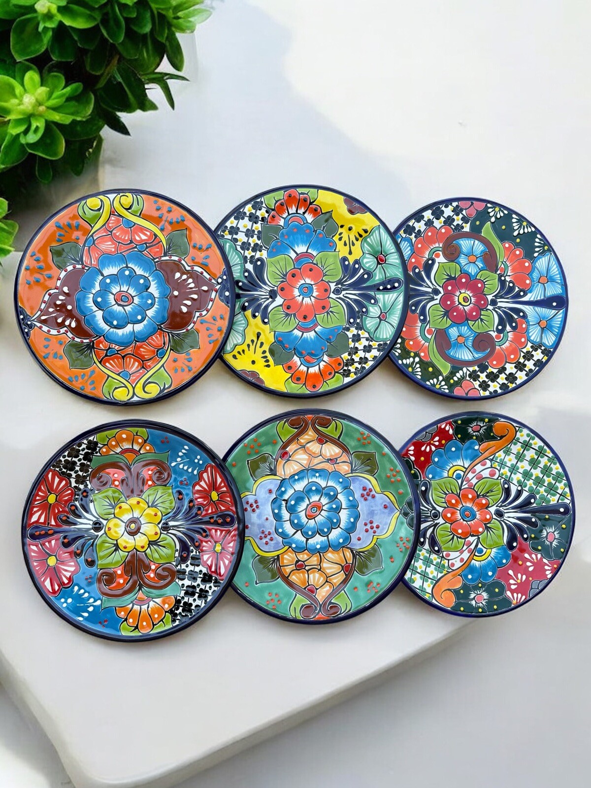 Set of 6 Talavera Plates – 10” Hand-Painted Mexican Pottery, Unique Designs