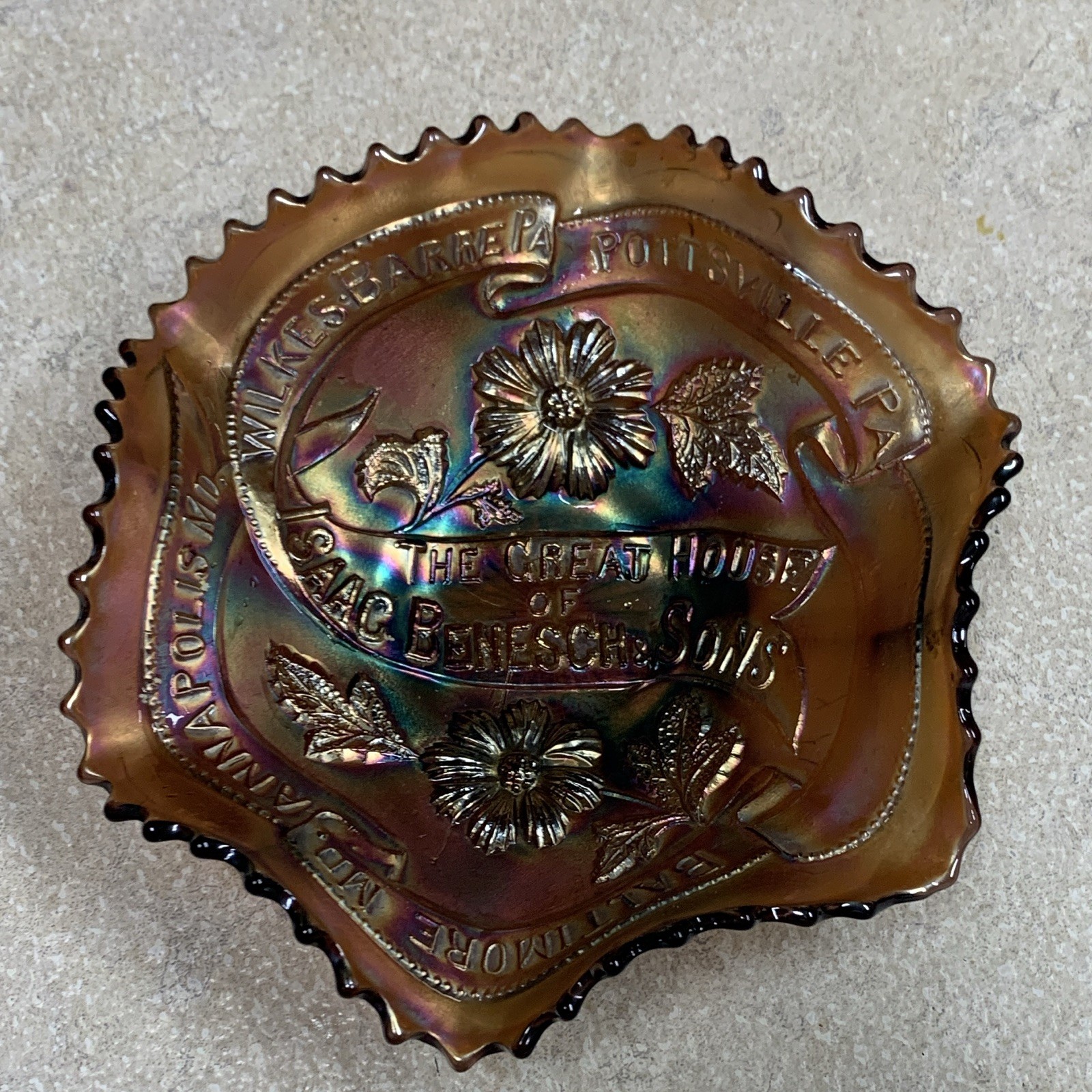 Carnival Glass Scalloped Advertising Bowl Isaac Benesch Sons 6”amethyst