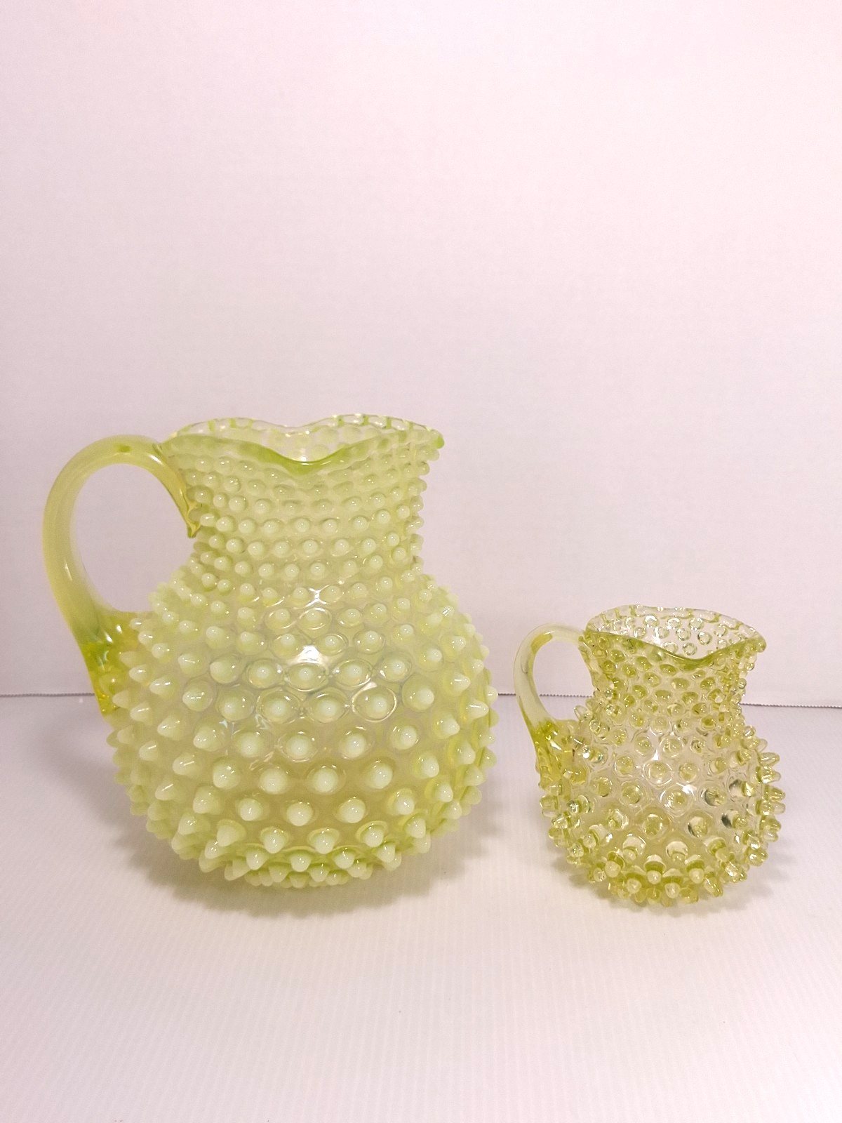 RARE Hobbs Brockunier Hobnail Uranium Vaseline Glass Small / Toy Pitcher EAPG