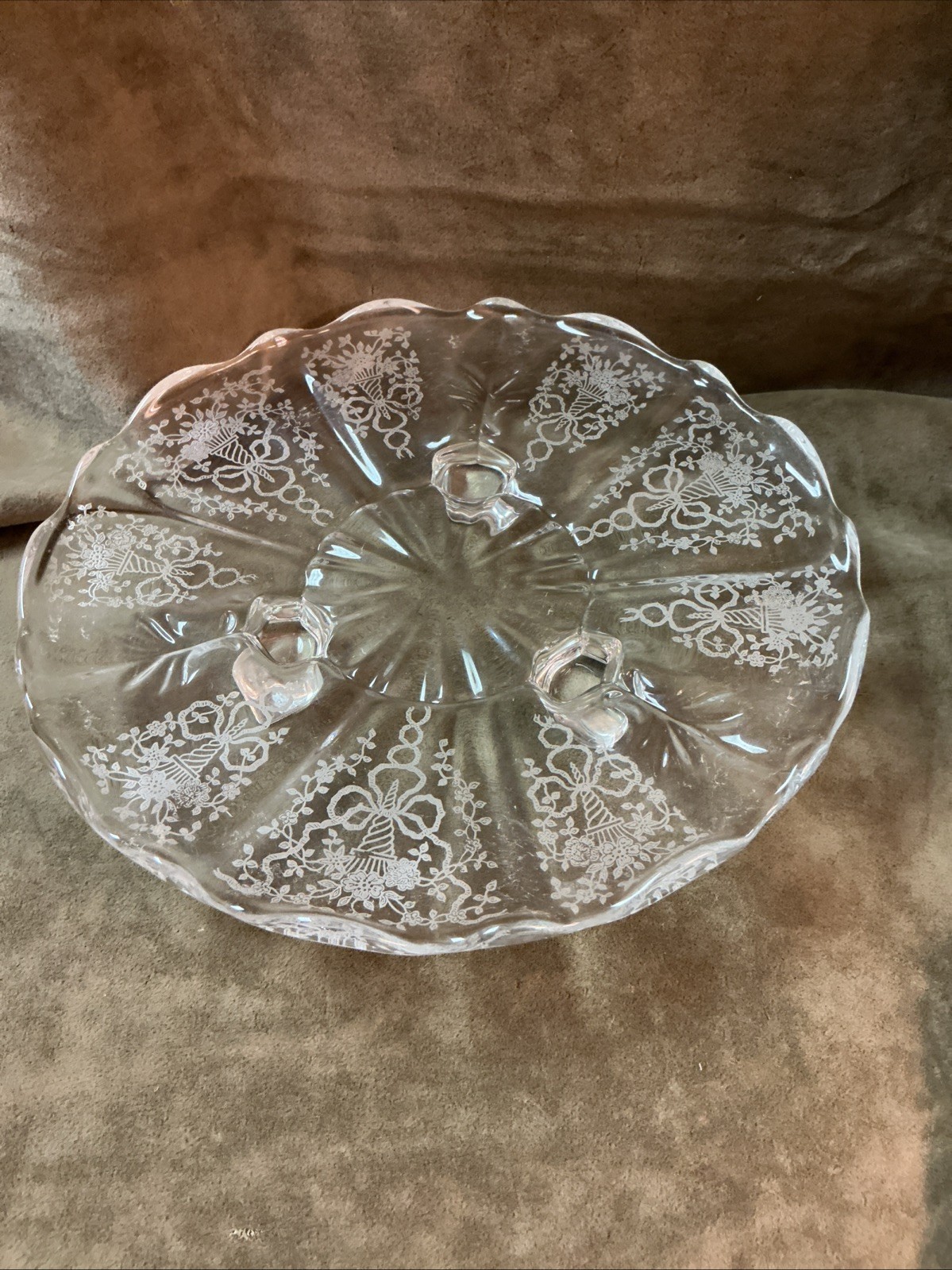 Vintage Fostoria glass corsage etched pattern three towed tidbit Baroque 1940’s