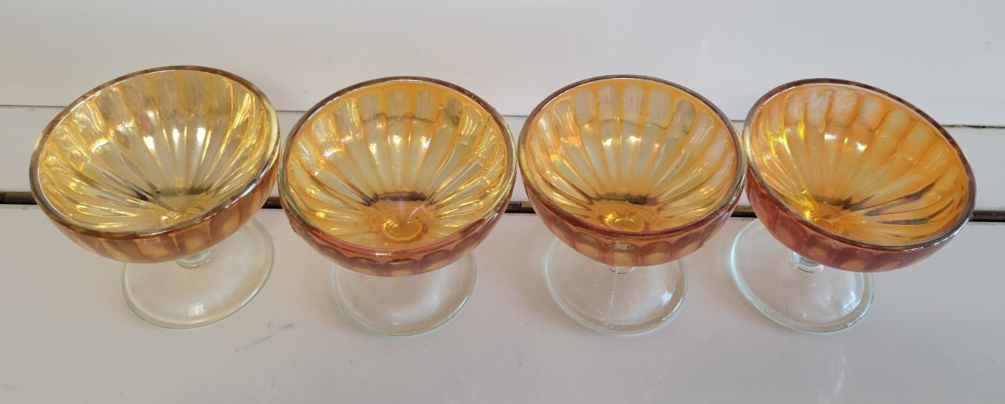 4 PEACH OPASLESCENT CARNIVAL GLASS SHERBETS DESSERT BOWLS 3.25 INCH HOLDS 4 OZS