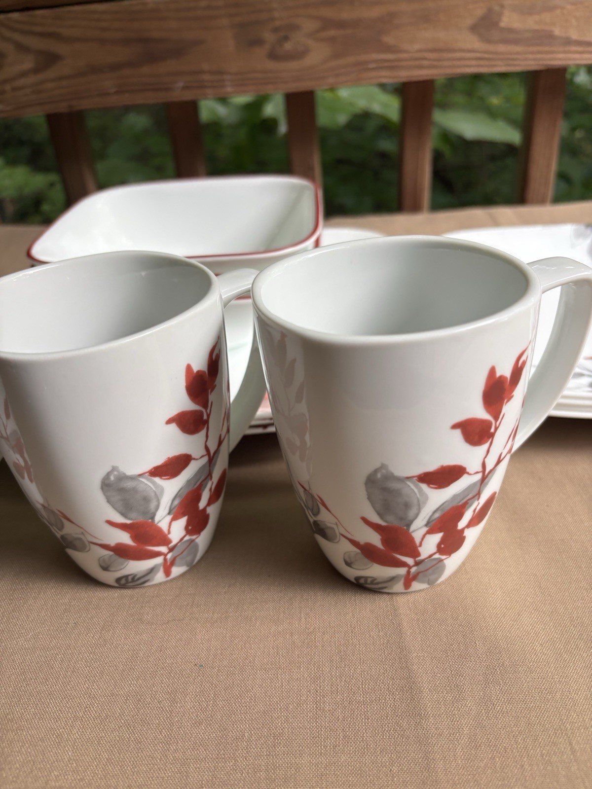 Corelle Kyoto Leaves 15 Pc Square Set 3 Dinner Plates 4 Luncheon 4 Bowls 4 Mugs