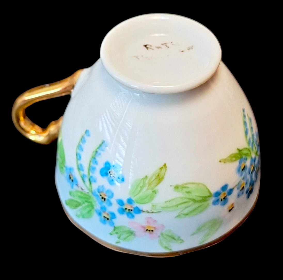 Vintage White Coffee Tea Cup & Saucer Blue Floral Hand-Painted by Ruth of Tucson