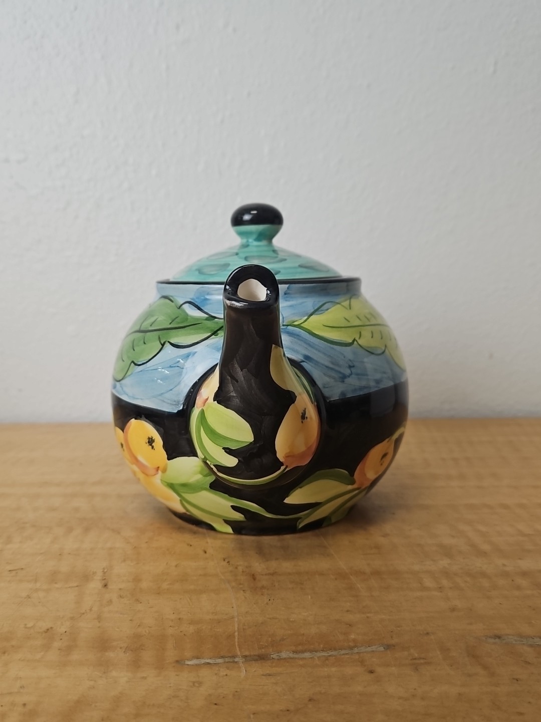 Favanol Teapot Fruit and Leaves Hand Painted Portugal blue, black, teal