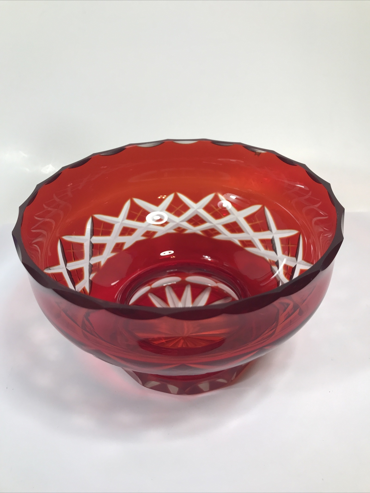 Ruby Red Cut To Clear Glass Footed Bowl Vase Decor 5.25 In Wide Vintage E25