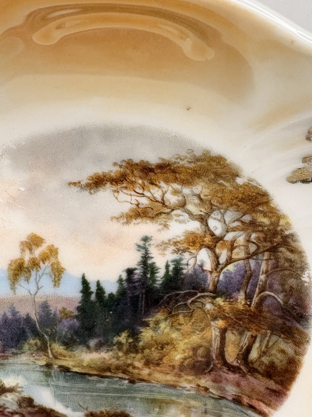 Vintage Porcelain Plate Set Country Riverbank Trees Scene Gold Grape Vine Border
