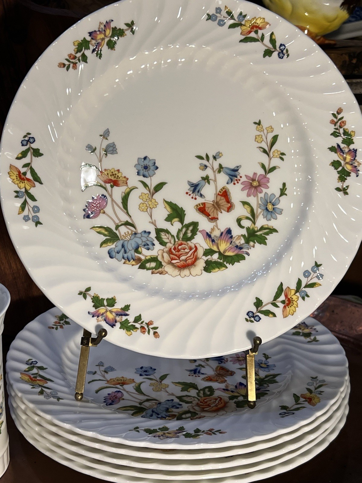 Set Of 6 Aynsley Cottage Garden -DINNER PLATES 10 3/8″ + Beautiful Vase!