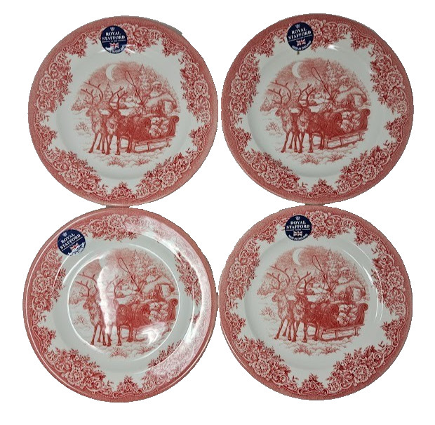 Royal Stafford Santa Sleigh Reindeer Christmas Red 8″ Set Of 4 Plates New