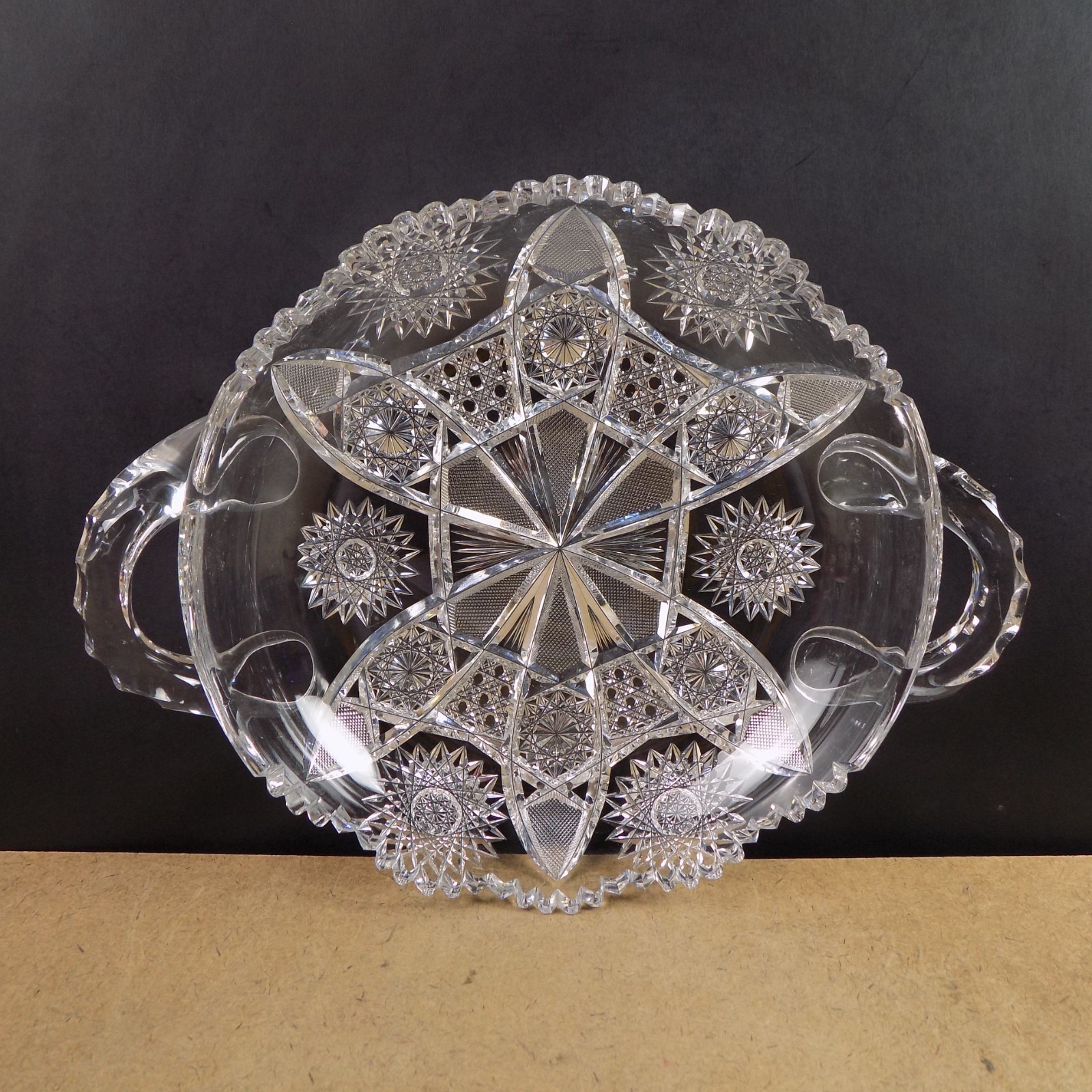 Antique American Brilliant Cut Glass Handled Low Bowl VGC 11″ Across