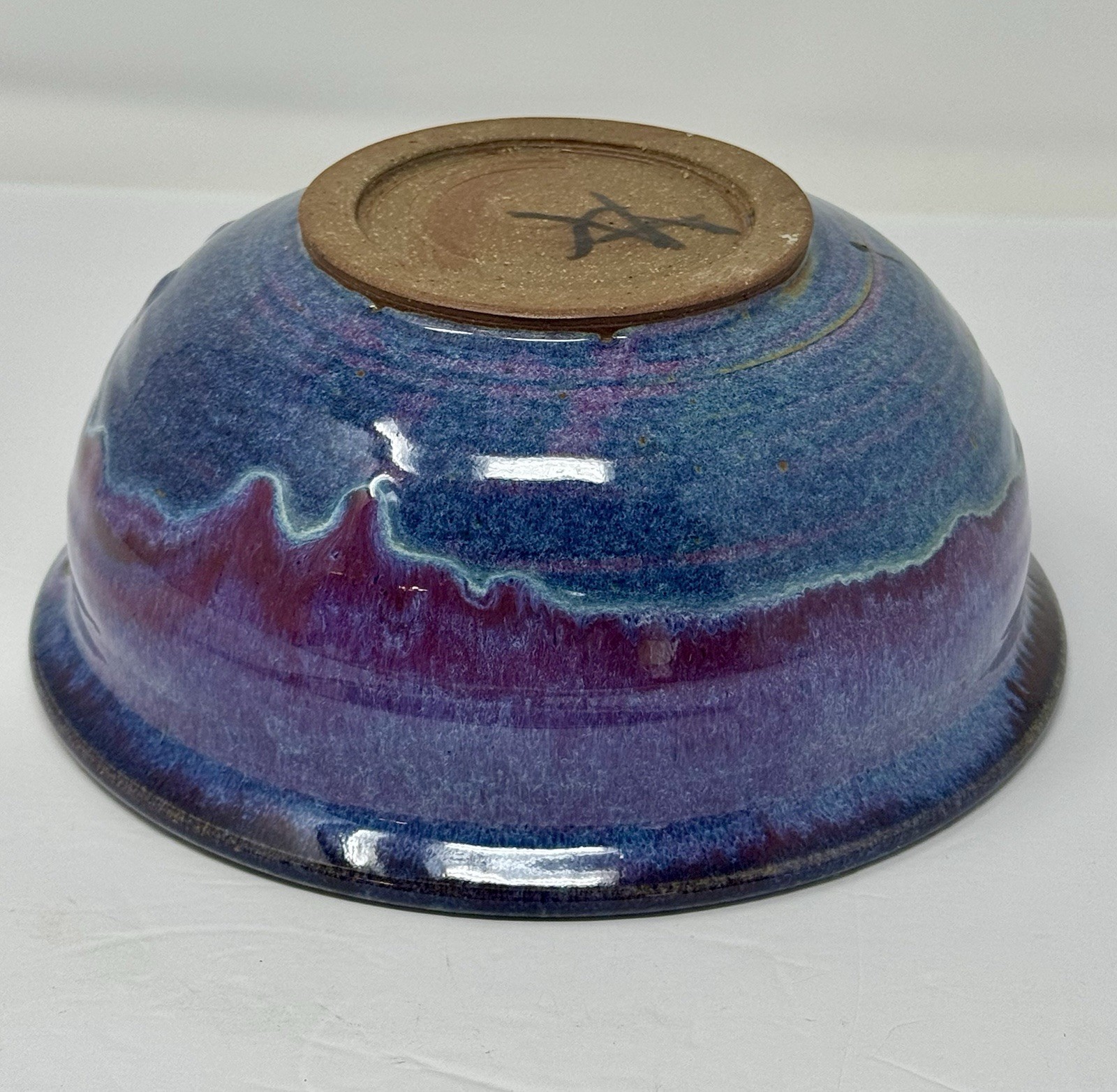 Vintage Studio Pottery Bowl Blue Purple Drip Glaze Handmade Ceramic Signed 7.75”