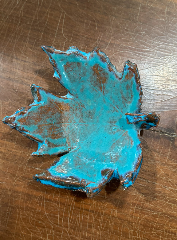 Handmade Studio Pottery Leaf Dish Signed Amy Turquoise Glaze