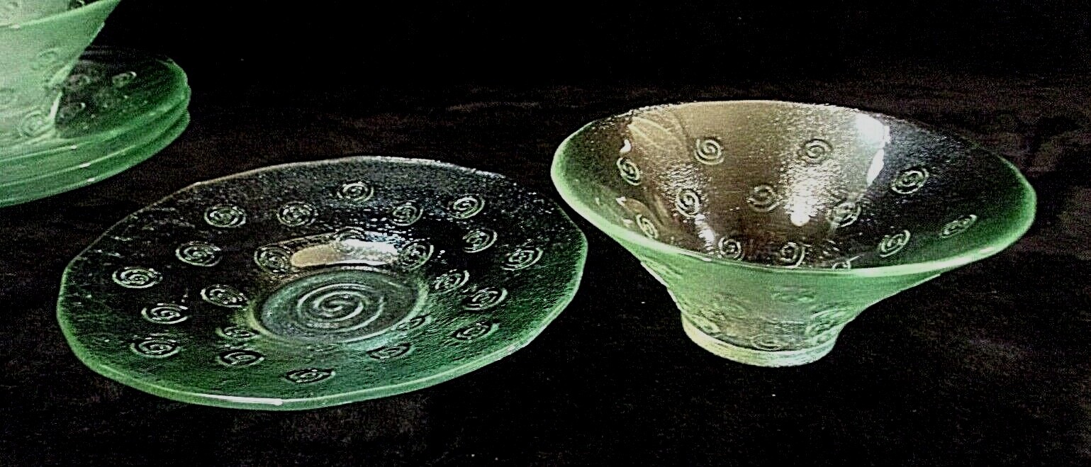 FOUR PIECE SET of GREEN TINTED GLASS BOWLS with MATCHING SAUCERS – SPIRALS!!