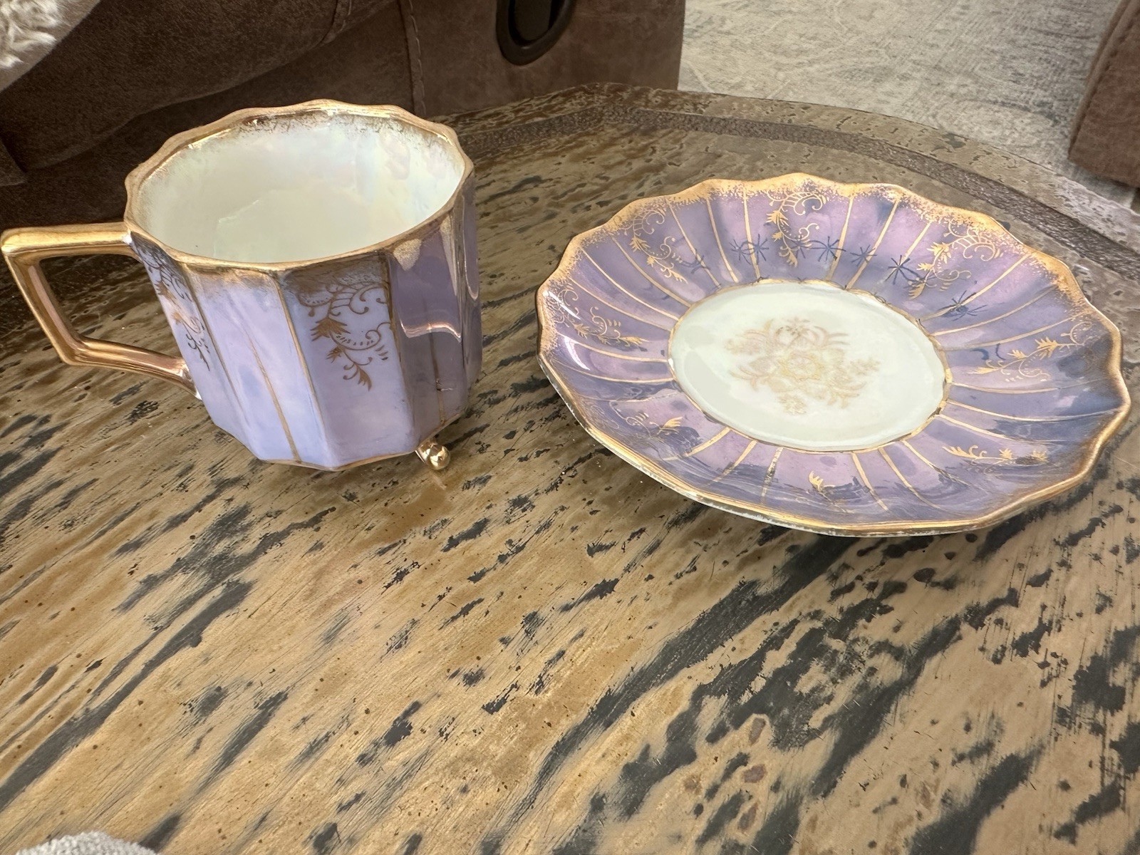 Branco Ceramics Purple White Gold Floral Ceramic Cup & Saucer Set Handle