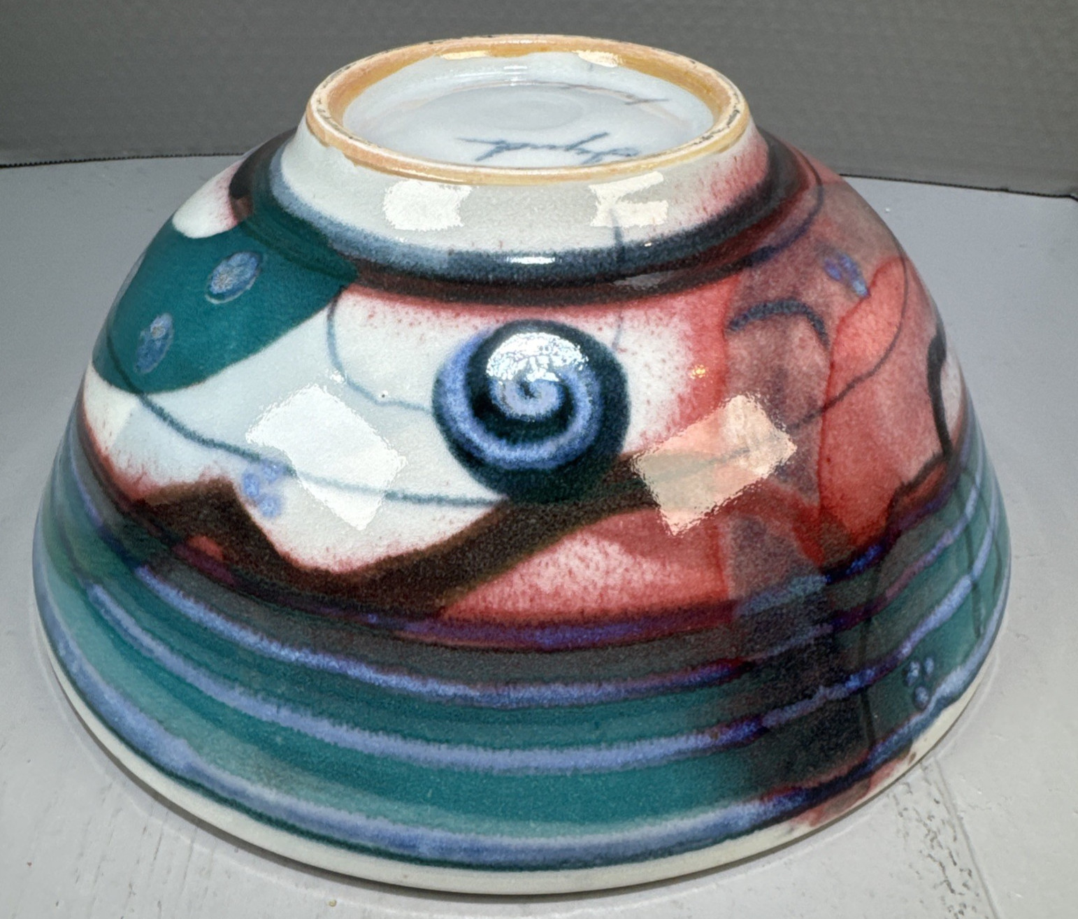 Studio Art Pottery Abstract Design Colorful Blue Green Red Artisan Signed 10″