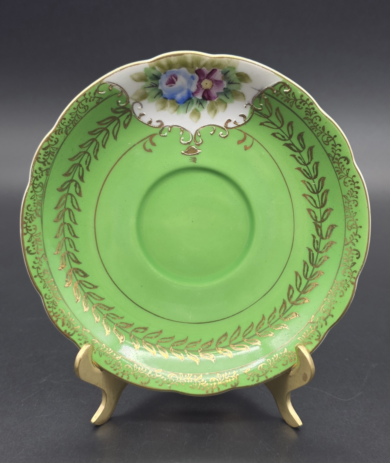 VTG Handpainted Green Floral Gold Laurel Saucer Made in Occupied Japan